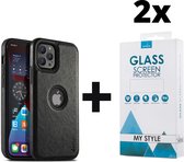 Backcase Lederen Hoesje iPhone 12 Pro Max Zwart - 2x Gratis Screen Protector - Telefoonhoesje - Smartphonehoesje