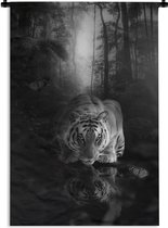 Tapisserie - Tissu mural - Tigre au bord de l'eau dans la jungle - noir et blanc - 120x180 cm - Tapisserie murale