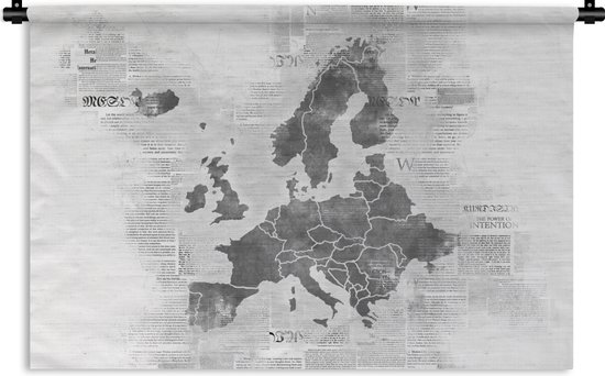 Wandkleed - Wanddoek - Kaart van Europa weergegeven op krantenpapier - zwart wit - 120x80 cm - Wandtapijt