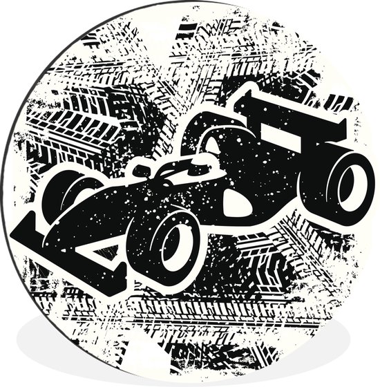 WallCircle - Wandcirkel - Muurcirkel - Een kunstzinnige illustratie van een zwart-witte racewagen uit de Formule 1 - Aluminium - Dibond - ⌀ 90 cm - Binnen en Buiten