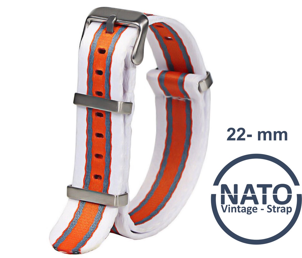 22mm Nato Strap ORANJE, WIT, GRIJS - Vintage James Bond - Nato Strap collectie - Mannen - Horlogebanden - 22 mm bandbreedte