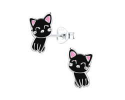 foto van zilveren kinderoorbellen katje zwart | Oorknopjes Meisje Zilver | Zilverana | Sterling 925 Silver