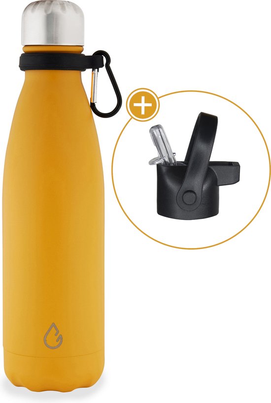 Wattamula Design eco RVS drinkfles - okergeel - extra dop met rietje en carrier - 500 ml - waterfles - thermosfles - sport