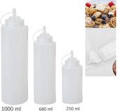 VOORDEEL  Sausflessen met dop | 3 soorten S/M/L |1000ML-500 ML- 250 ML - Transparant doseerflacon/ flessen met dop- Portioneerflessen/ Knijpflessen / Sausflessen Transparante garne