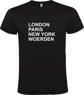 Zwart t-shirt met " London, Paris , New York, Woerden " print Wit size M