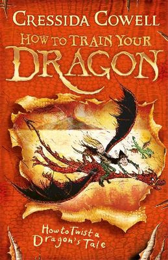 Couverture du livre 'How to Train Your Dragon' avec le sous-titre 'How to Twist a Dragon's Tale'. Un garçon et une fille volent sur un dragon rouge.
