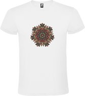 Wit T-shirt met Grote Mandala in Donker Rood, Bruin en Blauwe kleuren size L