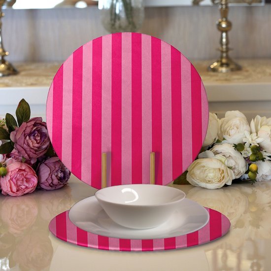 Placemat rond -Velvet textile met hout - Roze lijnen - 2 stuks - 33 cm - Onderlegger