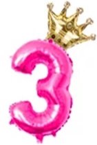 Folieballon Cijfer 3 Jaar MEGA Roze met Gouden Kroon - 81 CM voor Helium Gas of Lucht - Verjaardag - Feestje