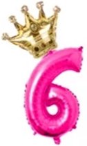 Folieballon Cijfer 6 Jaar MEGA Roze met Gouden Kroon - 81 CM voor Helium Gas of Lucht - Verjaardag - Feestje
