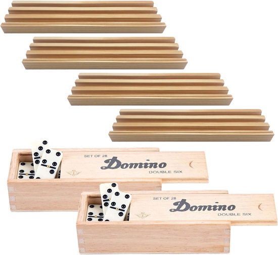 Afbeelding van het spel 4x Dominostenenhouder met domino spel in houten doos 56x stenen - Kaarthouders - Standaarden