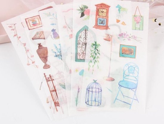 Washi Stickers Huis En Decoratie – 6 Vellen Met Stickers – Z002 – Thema Huis En Decoratie, Meubilair En Planten – Bullet Journal – Scrapbooking – Agenda Stickers – Decoratie Sticker
