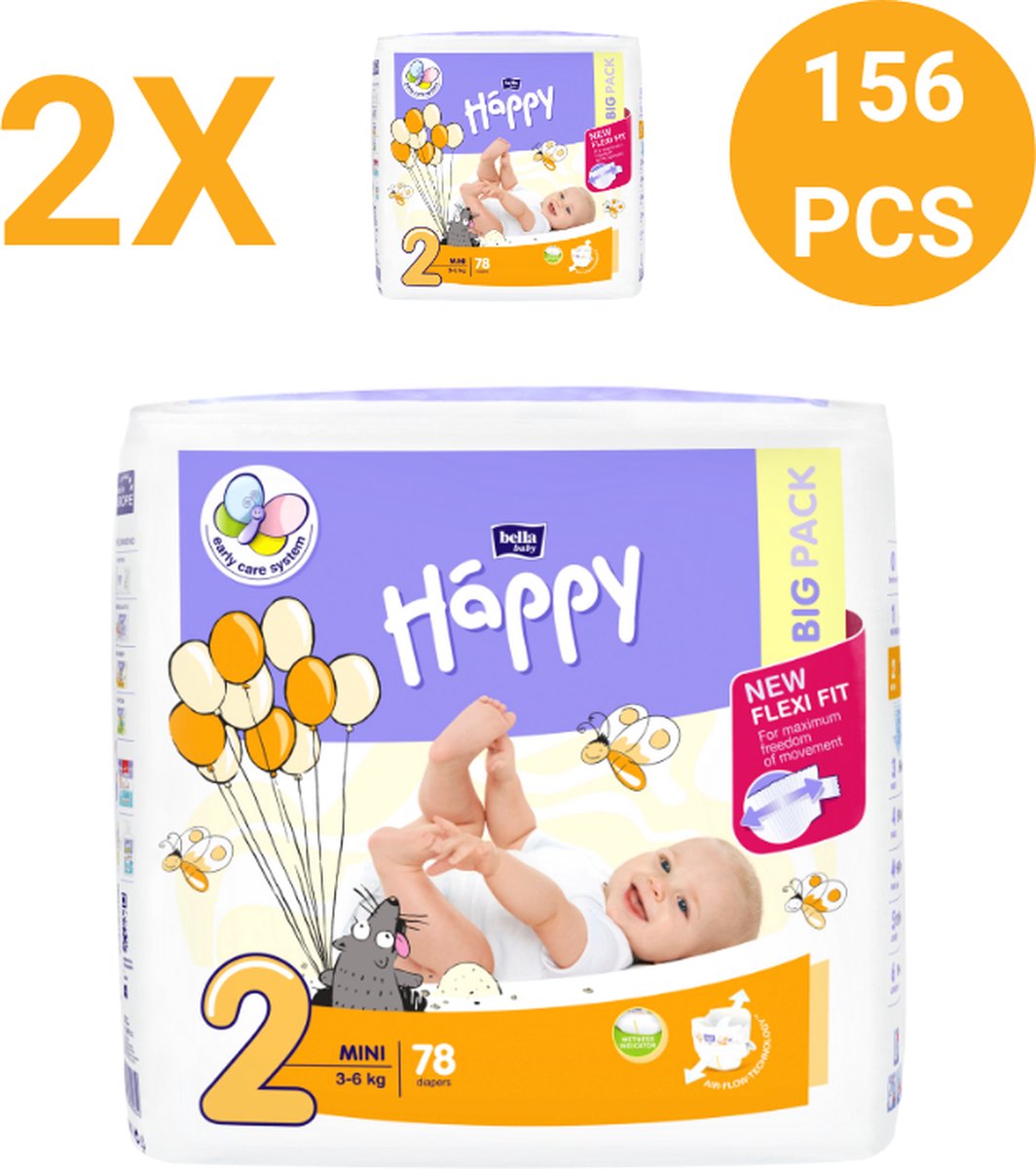 Bella Baby Happy Luiers Maat 2 Mini 3-6 kg (78 stuks Per Pak) 2 Pak, vochtindicator, Flexi Fit, premium kwaliteit luiers