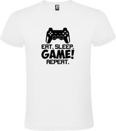 Wit t-shirt met tekst 'EAT SLEEP GAME REPEAT' print Zwart size XS