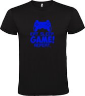 Zwart t-shirt met tekst 'EAT SLEEP GAME REPEAT' print Blauw  size 4XL