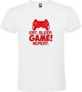Wit t-shirt met tekst 'EAT SLEEP GAME REPEAT' print Rood  size XL