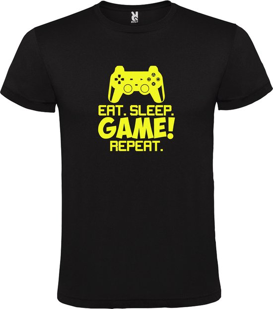 Zwart t-shirt met tekst 'EAT SLEEP GAME REPEAT' print Geel  size M
