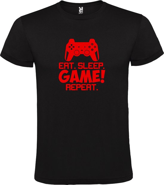 Zwart t-shirt met tekst 'EAT SLEEP GAME REPEAT' print Rood  size 3XL