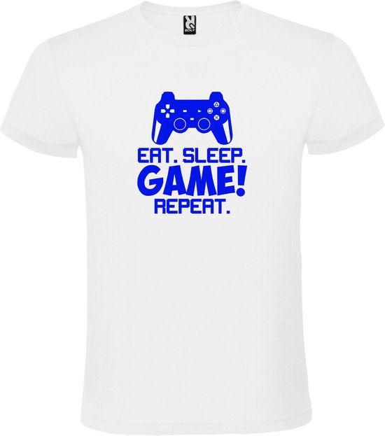 Wit t-shirt met tekst 'EAT SLEEP GAME REPEAT' print Blauw  size S
