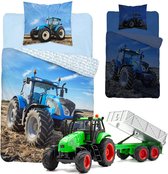 Dekbedovertrek Blauwe Tractor met Glow in the Dark- 140 x 200 cm- Katoen- dekbed boerderij, incl. Tractor speelset met Kipper.