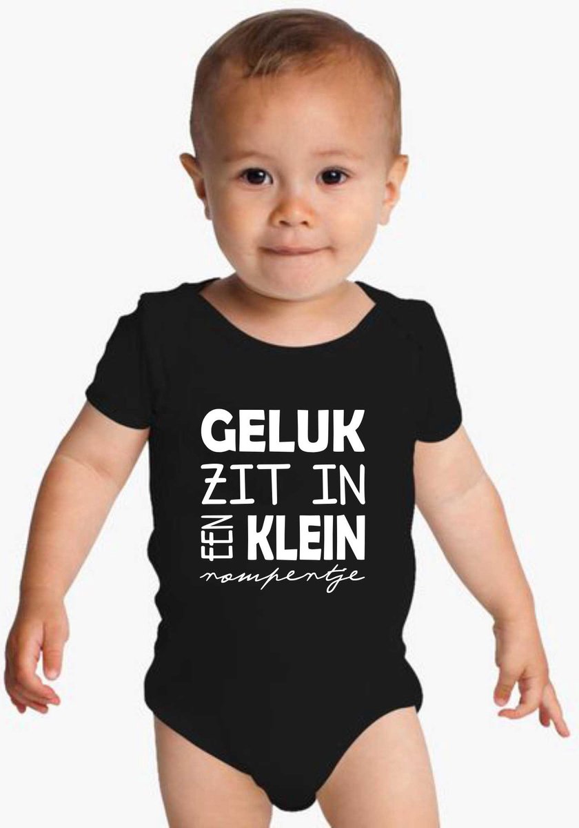 Rompertjes baby met tekst Geluk zit in een klein rompertje Romper zwart korte mouw...