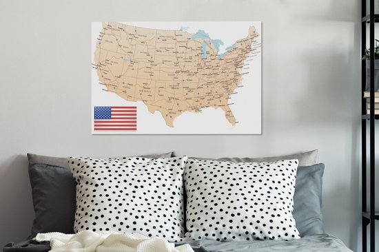 Tableau Peinture sur Toile Carte Détaillée de l' Amérique - 90x60 cm - Décoration murale