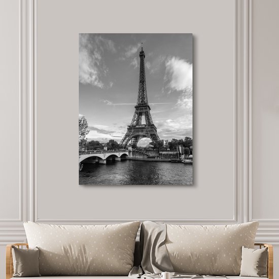 Toile Peinture Tour Eiffel vue de la Seine - noir et blanc - 120x160 cm - Décoration murale XXL