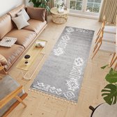 Tapiso Boho Loper Grijs Modern Kwastjes Woonkamer Hoogpolig Vloerkleed Maat- 100x200