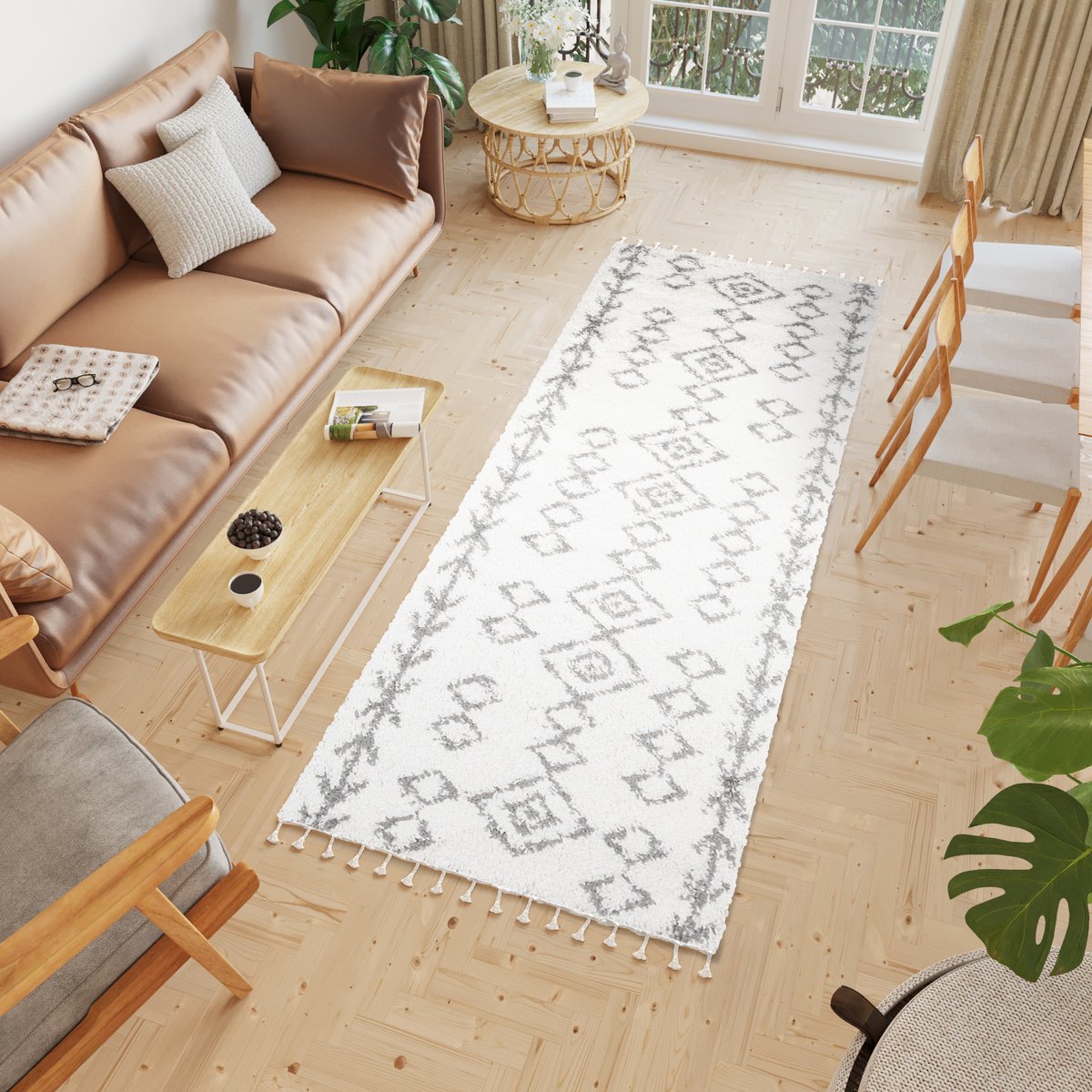 Tapiso Boho Loper Licht Beige Kwastjes Woonkamer Hoogpolig Vloerkleed Maat- 100x400, foto 3