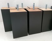 Set van 6 stuks houten Boxspring Bedden Meubelpoten Zwart Beuken 16 cm hoogte 7x7 cm met M8 draadeinde
