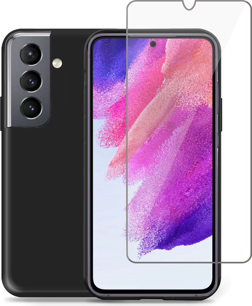 Hoesje geschikt voor Samsung S21 FE - Screenprotector - Suède Back Cover Case Zwart