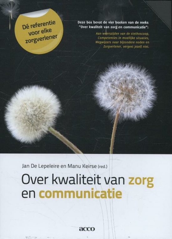 Livre intitulé "Over kwaliteit van zorg en communicatie" avec deux pissenlits blancs sur un fond sombre et craquelé sur la couverture.