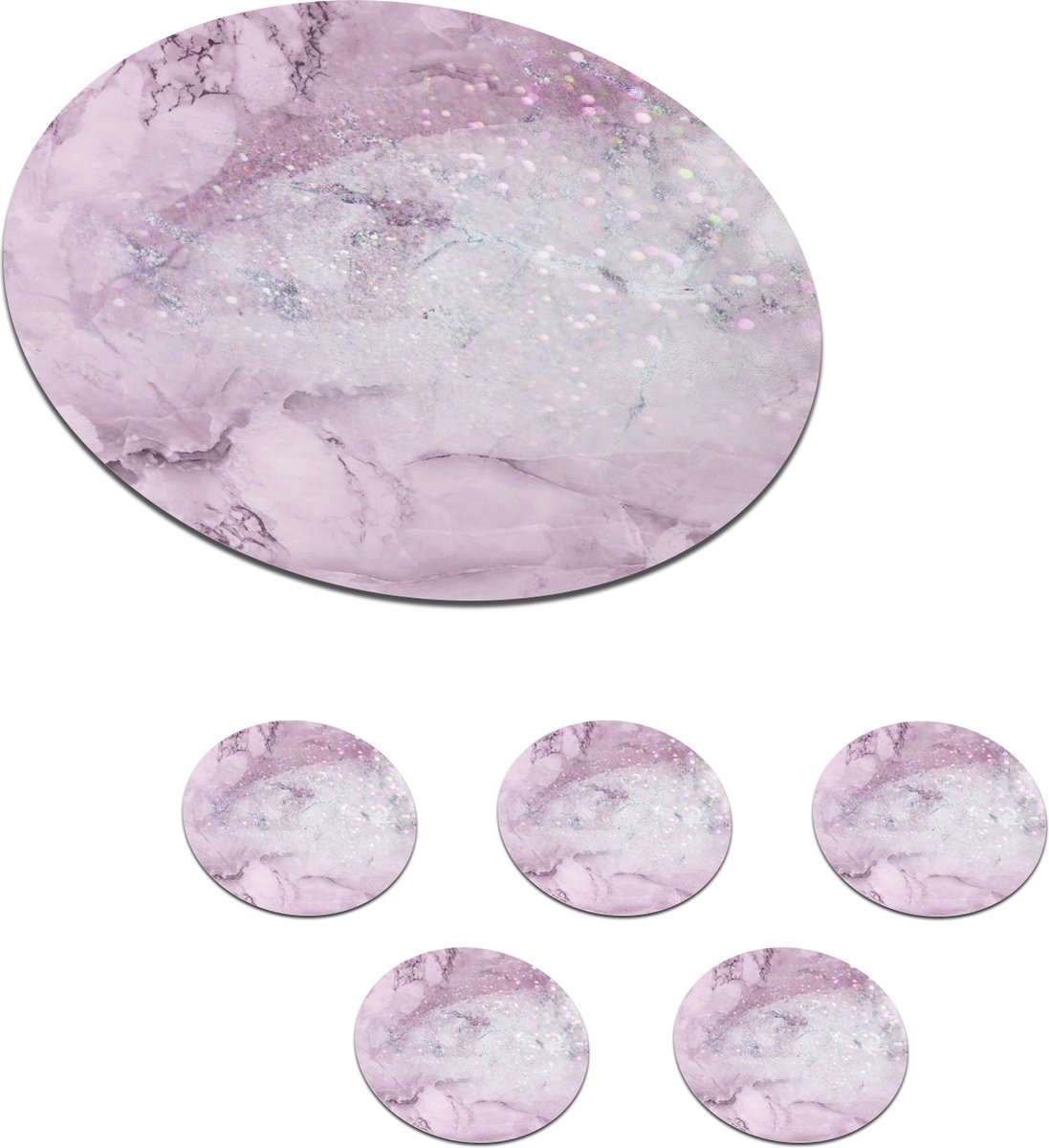 Onderzetters voor glazen - Rond - Marmer - Glitter - Roze - 10x10 cm - Glasonderzetters - 6 stuks