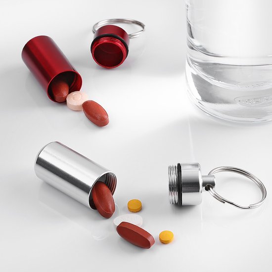 Porte-clés pour pilulier kwmobile 2 en noir / rouge - Boîte à médicaments pratique pour les déplacements - Pilulier en aluminium avec bouchon à vis