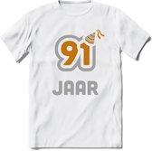 91 Jaar Feest T-Shirt | Goud - Zilver | Grappig Verjaardag Cadeau Shirt | Dames - Heren - Unisex | Tshirt Kleding Kado | - Wit - XL