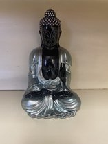 Decoratieve Boeddha zittend - blauw metallic + zwart - hoogte 21 cm x 13 x 12 cm - polyresin - Woonaccessoires