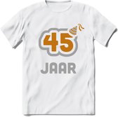 45 Jaar Feest T-Shirt | Goud - Zilver | Grappig Verjaardag Cadeau Shirt | Dames - Heren - Unisex | Tshirt Kleding Kado | - Wit - 3XL