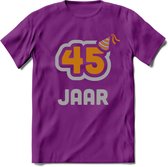 45 Jaar Feest T-Shirt | Goud - Zilver | Grappig Verjaardag Cadeau Shirt | Dames - Heren - Unisex | Tshirt Kleding Kado | - Paars - XL