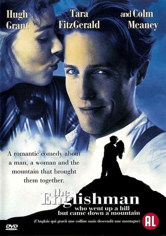 Voorflap DVD-hoesje van 'The Englishman Who Went Up a Hill But Went Down a Mountain' met Hugh Grant en Tara Fitzgerald. Tekst: A romantic comedy about a man, a woman and the mountain that brought them together. The Englishman.