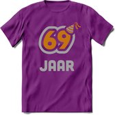 69 Jaar Feest T-Shirt | Goud - Zilver | Grappig Verjaardag Cadeau Shirt | Dames - Heren - Unisex | Tshirt Kleding Kado | - Paars - XL