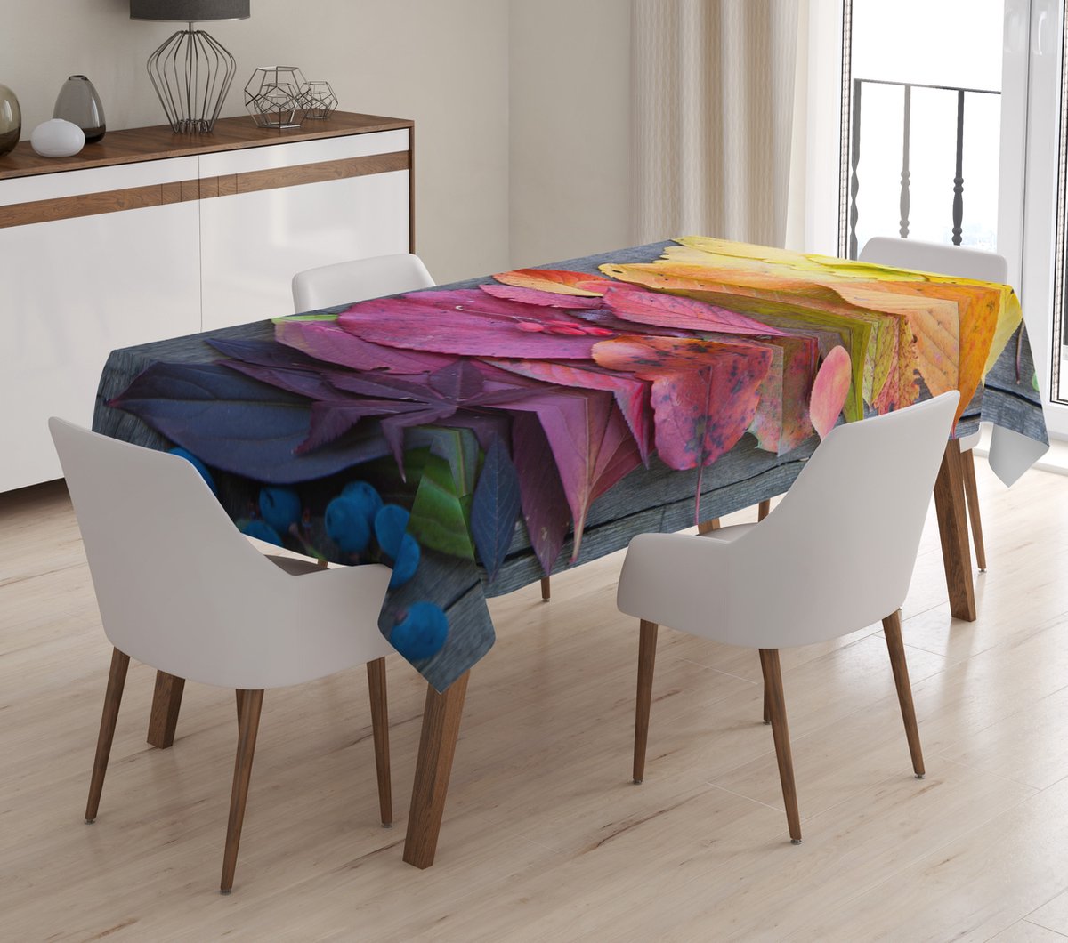 Tafelkleed 135x220 - Bedrukt Velvet textiel - Gekleurde bladeren - Fluweel - De Groen Home