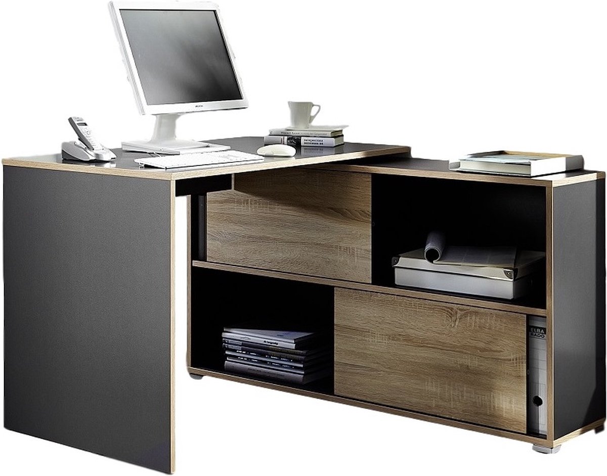 Hoekbureau Slide 120 cm breed in antraciet met eiken