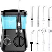 Turewell Elektrische tandenreiniger met 10 drukniveaus en 6 sproeiers, IPX7 waterdicht, orale irrigator, 600 ml, voor thuis (zwart)