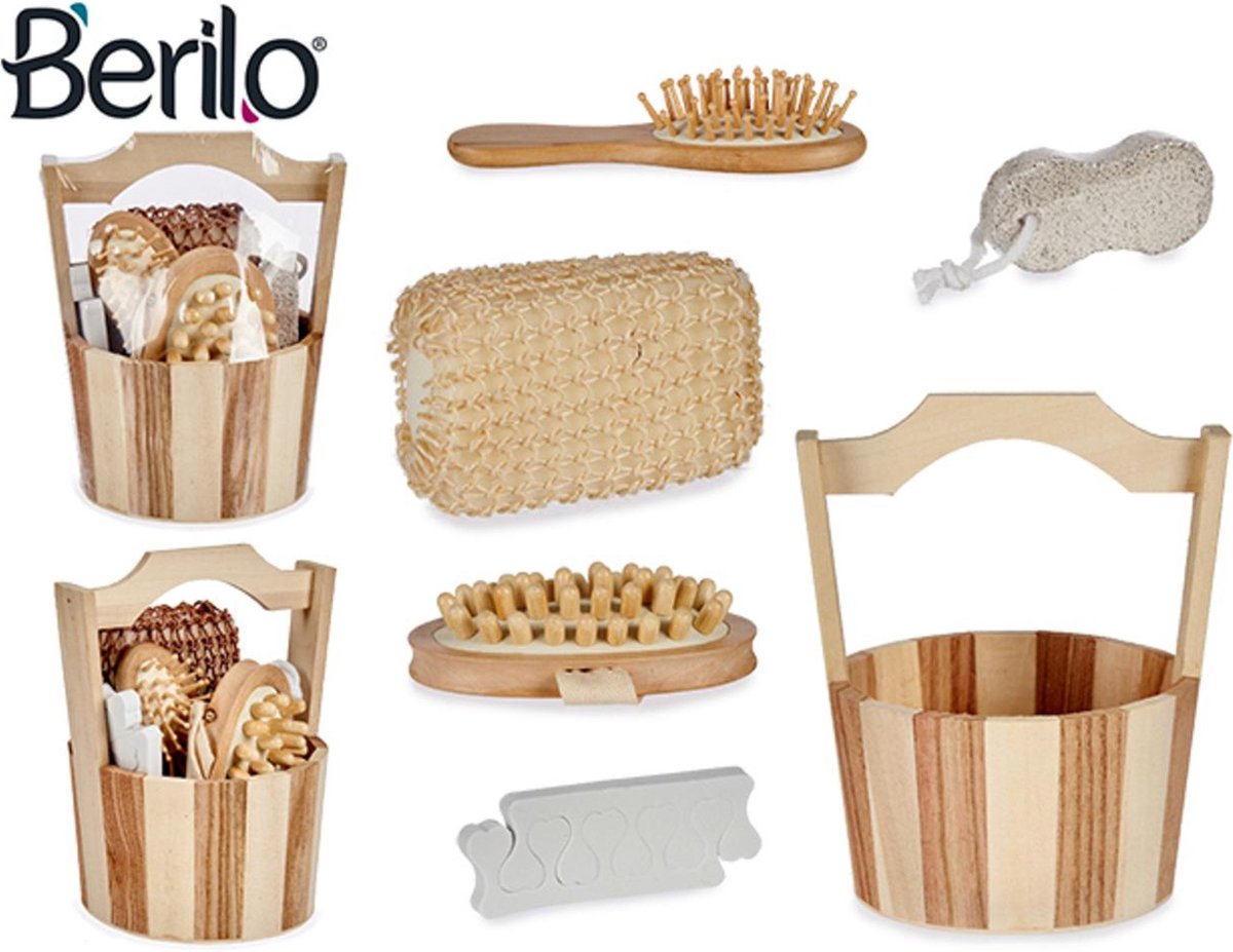 Berilo - 6 in 1 Bamboe BadSet - Klein Sauna Emmer - Dry Brush - Badborstel - Voet/Eelt Vijl - Anti-Cellulitis - Haarborstel - Scrub Spons - Duurzaam Bamboe - Berilo