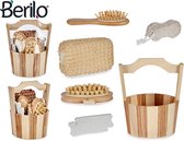Berilo - 6 in 1 Bamboe BadSet - Klein Sauna Emmer - Dry Brush - Badborstel - Voet/Eelt Vijl - Anti-Cellulitis - Haarborstel - Scrub Spons - Duurzaam Bamboe