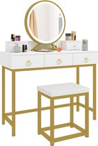 Luxury Buy® Premium kaptafel, makeuptafel, met comfort kruk, met verstelbare LED verlichting spiegel, wit-goud