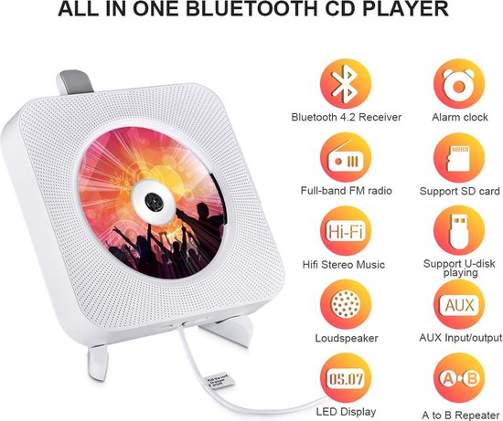 WINNES Draagbare CD speler met Bluetooth, Wandmontage CD-spelers Muziekspeler Home Audio Boombox met afstandsbediening FM-radio Ingebouwde HiFi-luidsprekers LCD-scherm MP3-koptelefoonaansluiting AUX-ingang Uitgang - Winnes