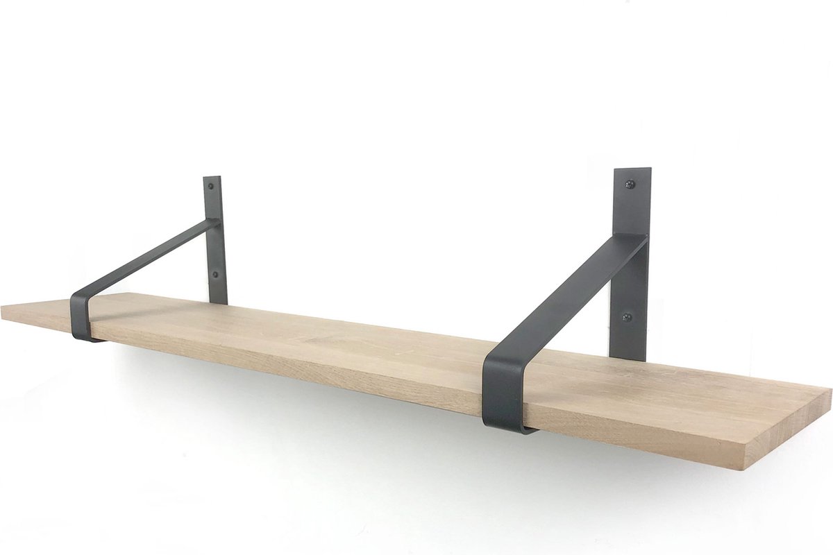 Eiken wandplank 110 x 20 cm 18mm inclusief zwarte plankdragers - Wandplank hout - Wandplank industrieel - Fotoplank