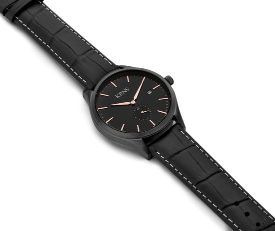 KRNS 1008 - Horloge - Analoog - Heren - Mannen - Leren band - Zwart - Rosékleurig