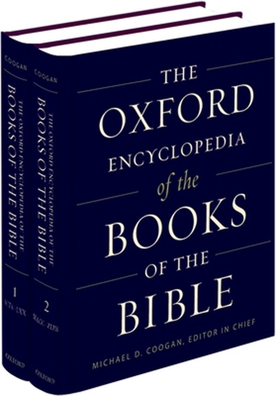 Twee donkerblauwe gebonden edities van The Oxford Encyclopedia of the Books of the Bible, met gouden letters op de rug.